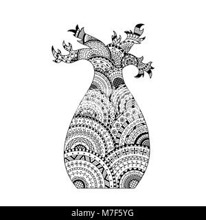 Vector baobab tree. Coloring page book in zentangle style Stock Vector