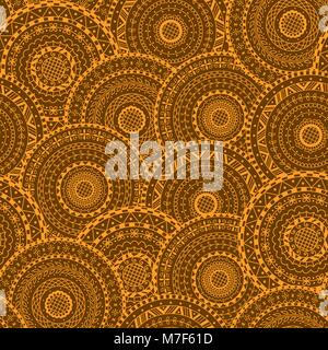 Vector seamless pattern of round abstract ethnic mandalas. Orange decorative background of circle mandala. Stock Vector