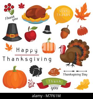 Set of Happy Thanksgiving Day objects and icons Stock Vector Image ...