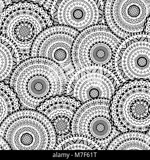 Vector seamless pattern of round abstract ethnic mandalas. Decorative background of circle mandala. Coloring page book anti stress for adult. Stock Vector