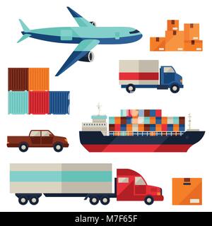 Freight cargo transport icons set in flat design style Stock Vector