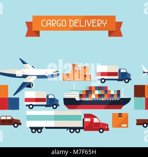Freight cargo transport icons seamless pattern in flat design style Stock Vector