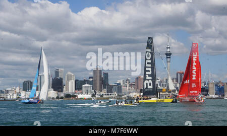 Auckland, New Zealand. 10th Mar, 2018. Turn the Tide on Plastic (L), MAPFRE (M) and Brunel (L) Race Teams during The Volvo Ocean Race in the Auckland in-port race on Mar 10, 2018. Dongfeng win challenging In Port Race. The Volvo Ocean Race is a yacht race around the world, held every three years. Credit: Shirley Kwok/Pacific Press/Alamy Live News Stock Photo