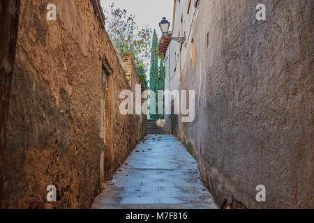 Nice alley at sunrise with lamppost and green trees in the background in Toledo Stock Photo