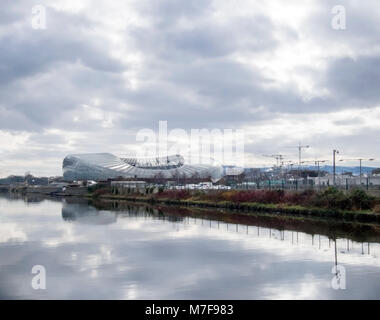 DUBLIN, IRELAND - MARCH 6th 2018: A side view of the Aviva stadium with the River Dodder. Stock Photo