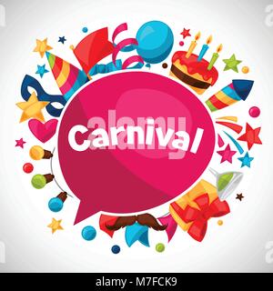 Carnival show and party greeting card with celebration objects Stock Vector