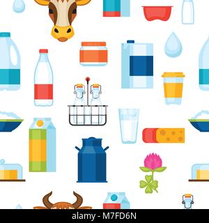 Milk seamless pattern with dairy products and objects Stock Vector