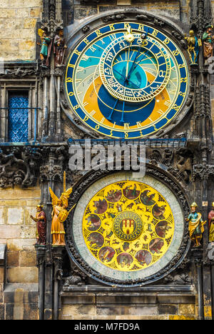 The Prague Astronomical Clock mounted on the southern wall of Old Town Hall in the Old Town Square Stock Photo