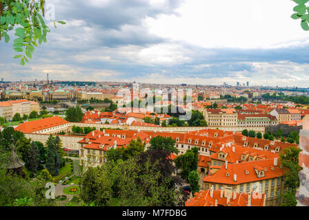 Bird's eye view of the city of Prague with overcast sky Stock Photo