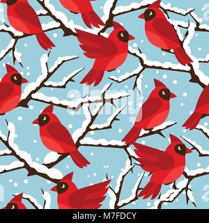 Happy holidays seamless pattern with birds red cardinal Stock Vector