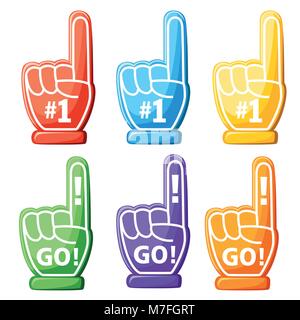 Set of foam hand. Colorful foam finger. Number One and GO design. Vector illustration isolated on white background. Web site page and mobile app desig Stock Vector