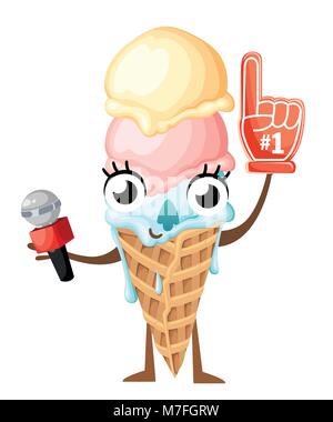 Ice cream balls in waffle cone. Cartoon ice cream mascot with foam hand and microphone. Vector illustration isolated on white background. Web site pag Stock Vector