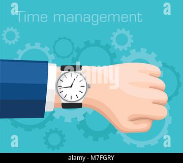 Wristwatch on the hand of businessman in suit. Time on wrist watch. Time management concept. Vector illustration isolated on turquoise background with Stock Vector