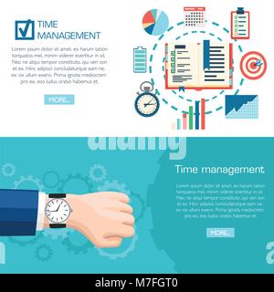 Time management planning concept. Wrist watch on hand. Planning, time organization of business. Vector illustration isolated on turquoise background w Stock Vector