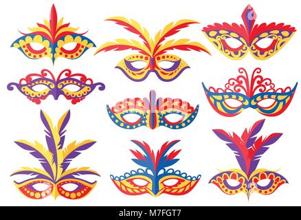 Set of carnival face masks. Masks for party decoration or masquerade. Colored mask with feathers. Vector illustration isolated on white background. We Stock Vector