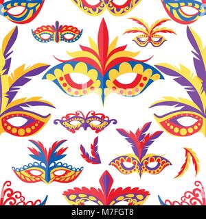 Seamless pattern of carnival face masks. Masks for party decoration or masquerade. Colored mask with feathers. Vector illustration on white background Stock Vector