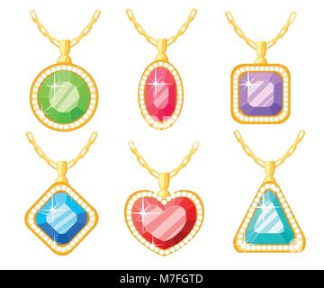 Set of golden jewelry. Necklaces collections with square, circle, heart, and triangle diamond pendants. Chain cartoon design. Vector illustration isol Stock Vector