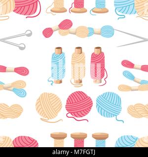 Seamless pattern. Threads for sewing for cross stitching set tools for sewing knitting needles vector wool knitwear yarn thread knitting weaving wool  Stock Vector