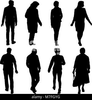 Black silhouette group of people standing in various poses Stock Vector