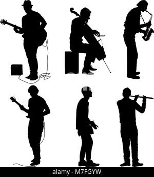 Silhouettes street musicians playing instruments on a white background Stock Vector