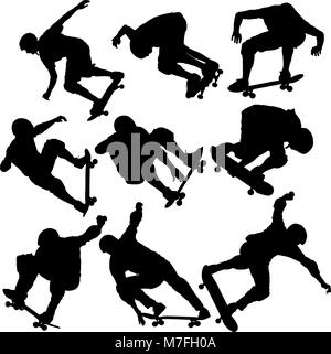 Set black silhouette of an athlete skateboarder in a jump Stock Vector