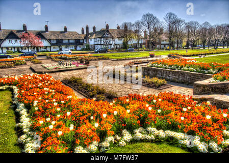 Village of Port Sunlight, England. Artistic spring view of Port Sunlight’s Diamond Garden. Stock Photo