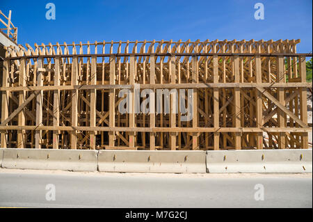 Bridge construction, wooden scaffolding on the road B207, Heiligenhafen, Baltic Sea, Schleswig-Holstein, Germany, Europe Stock Photo