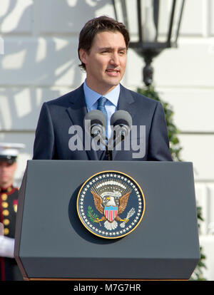 Prime Minister Justin Trudeau of Canada makes remarks during an Arrival Ceremony on the South Lawn of the White House in Washington, DC on Thursday, March 10, 2016.  Credit: Ron Sachs / CNP/MediaPunch Stock Photo