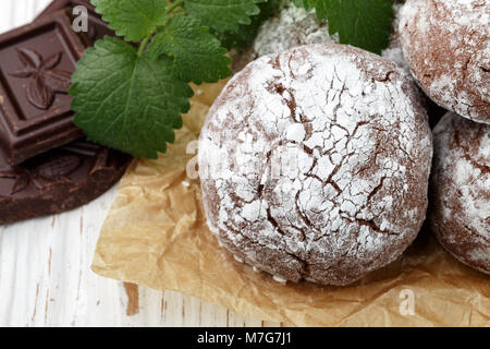cookies with powdered sugar. Chocolate Crinkles.   Selective focus Stock Photo