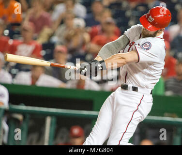 Washington Nationals right fielder Bryce Harper (34) hits a two run home run in the fifth inning against the New York Mets at Nationals Park in Washington, D.C. on Tuesday, June 28, 2016.  The Nationals won the game 5 - 0. Credit: Ron Sachs / CNP/MediaPunch ***FOR EDITORIAL USE ONLY*** Stock Photo