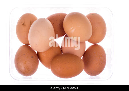 Fresh colored chicken eggs in plastic box Stock Photo