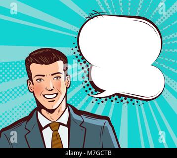 Businessman or young man in suit talking. Business concept in pop art retro comic style. Cartoon vector illustration Stock Vector
