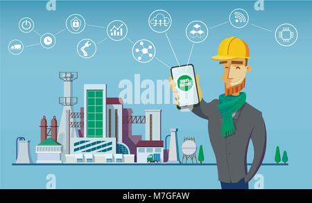 Engineer and smart factory concept. Industrial internet of Things. Sensor Network. Modern digital factory 4.0 . Vector illustration Stock Vector