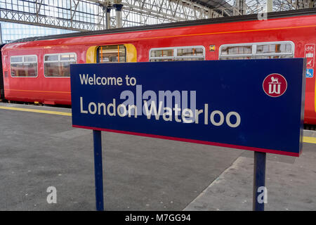 Welcome To Waterloo sign at Waterloo Rail Station, London Stock Photo
