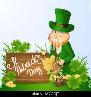 Leprikon St. patrick's day with a mug of beer near a wooden shield with handwritten text on a background of gold coins with leaves of clover and grass Stock Vector
