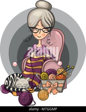 woman Granny sits in a Chair and knits knitting needles striped, cat sleeps on her knitting around the scattered balls, cartoon cute smiling character Stock Vector