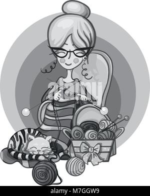 woman grandma sits in a Chair and knitting needles striped, cat sleep on her knitting around the scattered balls, cartoon cute smiling character Stock Vector
