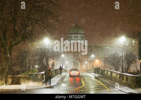 Galway Catedral during heavy snowfall at night. Ireland. Storm Emma. Stock Photo