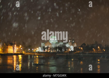 Galway Catedral during heavy snowfall at night. Ireland. Storm Emma. Stock Photo