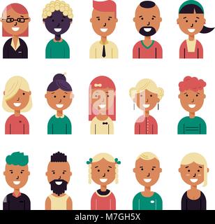 Male and female smiling faces avatars. Flat color style vector icons set Stock Vector