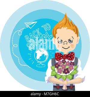 happy boy with bouquet flowers stand near blue background, with letters and paintings, back to school, white chalk, drawing airplane and globe with chalk on a blackboard Stock Vector