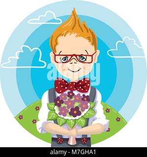 1st september, color hand paint draw of smile school boy glasses who wants to give a bouquet flowers to his teacher at school, to mam, to girl, education Stock Vector