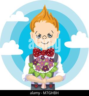 1st september, school day education, smile school boy blond hair who take a bouquet flowers to teacher, to mam, to girl, blue sky with white cloud background Stock Vector