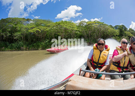 The Sigatoka River Safari is Fiji's original jet-boat safari. An eco/cultural adventure into the heart & soul of Fiji, aboard custom-built safari jet  Stock Photo