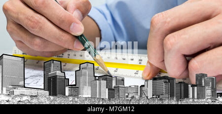 engineer are measuring distance in drawing using pencil and ruler building whole world. Calculate and design for building and tower in the city. Stock Photo