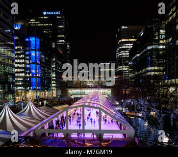 A view over the Canada Square Ice rink during the Winter Lights Festival at Canary Wharf in London UK 2018 Stock Photo