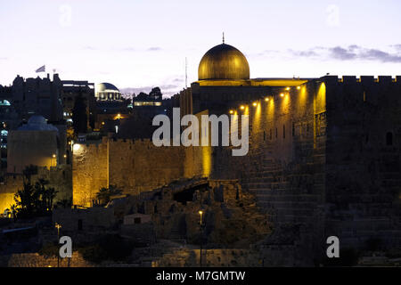 View at sunset of Al-Aksa Mosque built on top of the Temple Mount, known as the Al Aqsa Compound or Haram esh-Sharif in the Old City East Jerusalem Israel Stock Photo