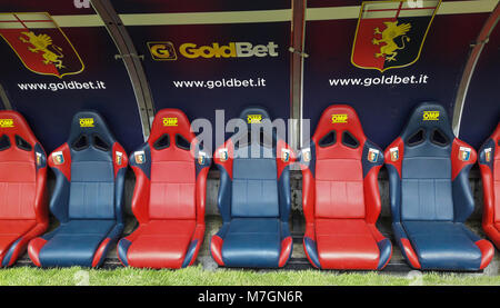 GENOA (GENOVA) MARCH, 4, 2018 - Reserve chair and staff manager bench of GENOA Cricket & Football club 1893, team of Italian Serie A, in Luigi Ferrari Stock Photo