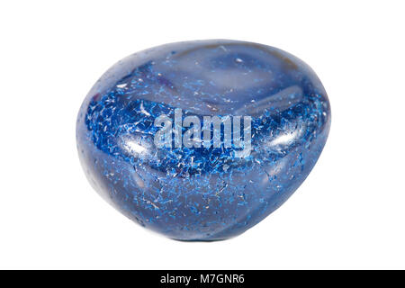 Macro shooting of natural gemstone. Mineral blue agate, Brazil. Isolated object on a white background. Stock Photo