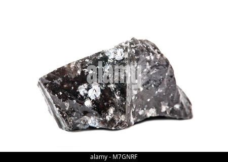 Macro shooting of natural gemstone. The raw mineral is obsidian, Indonesia. Isolated object on a white background. Stock Photo